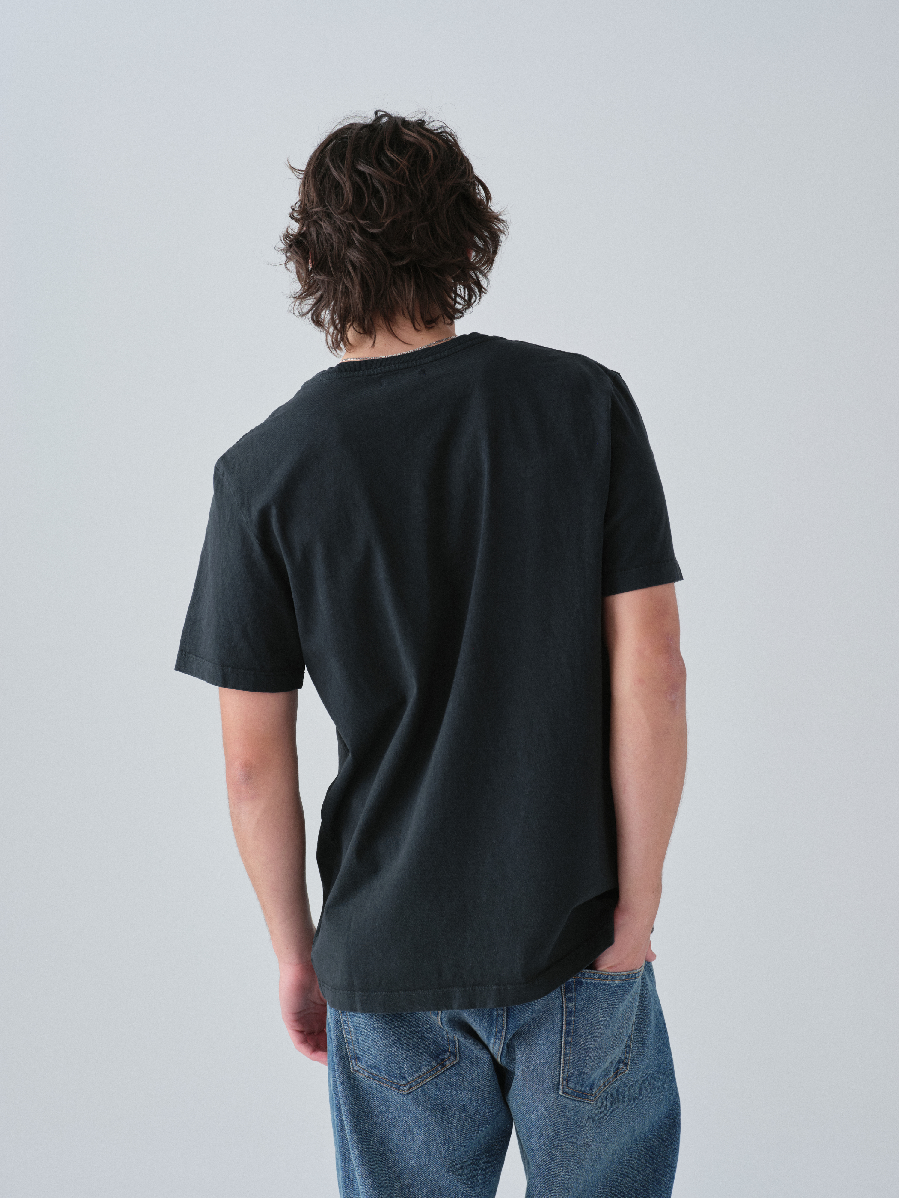 Model wearing Sunwashed Staple T-Shirt in vintage black back view