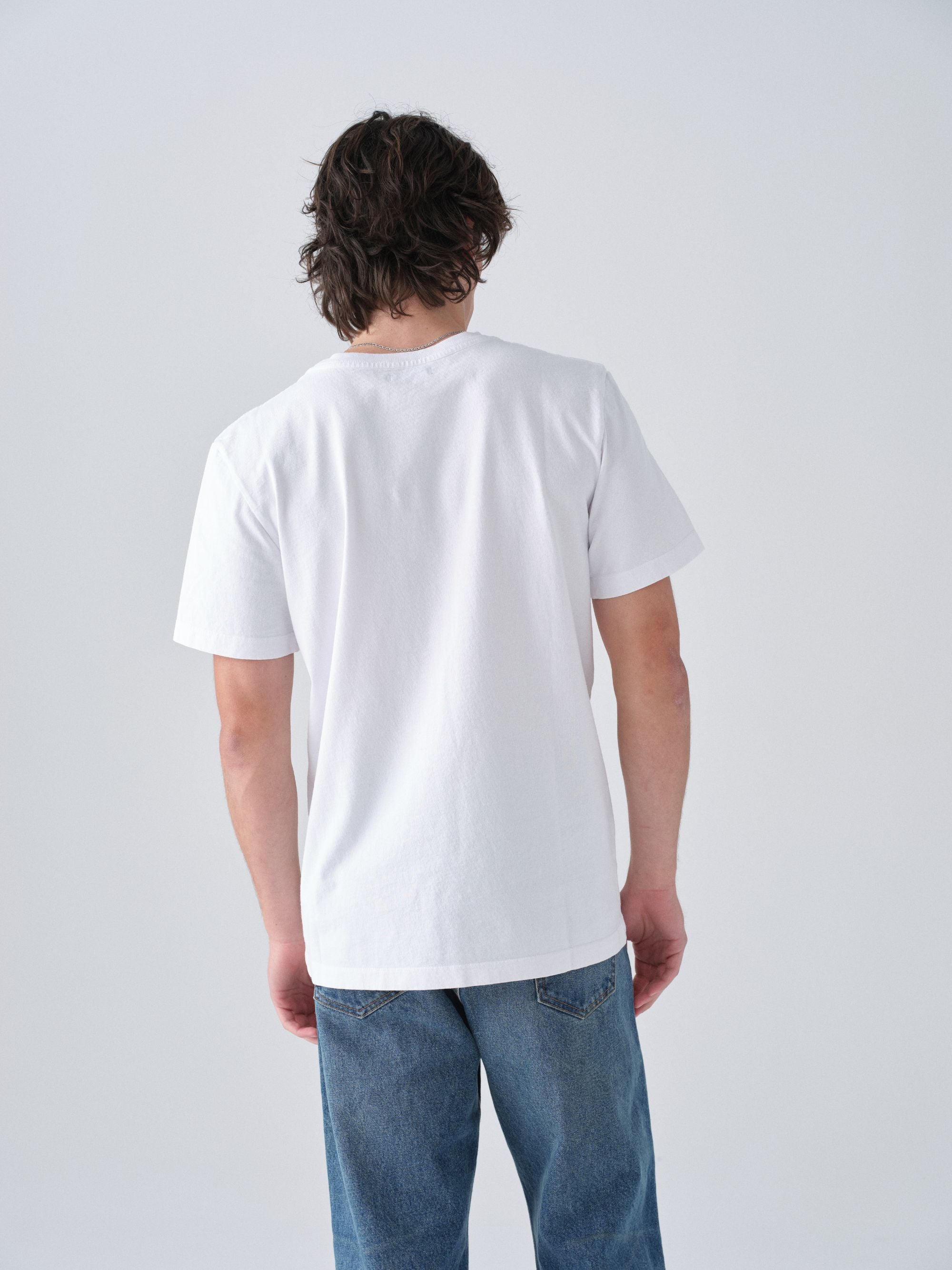 Model guy wearing Staple T-Shirt in white back view