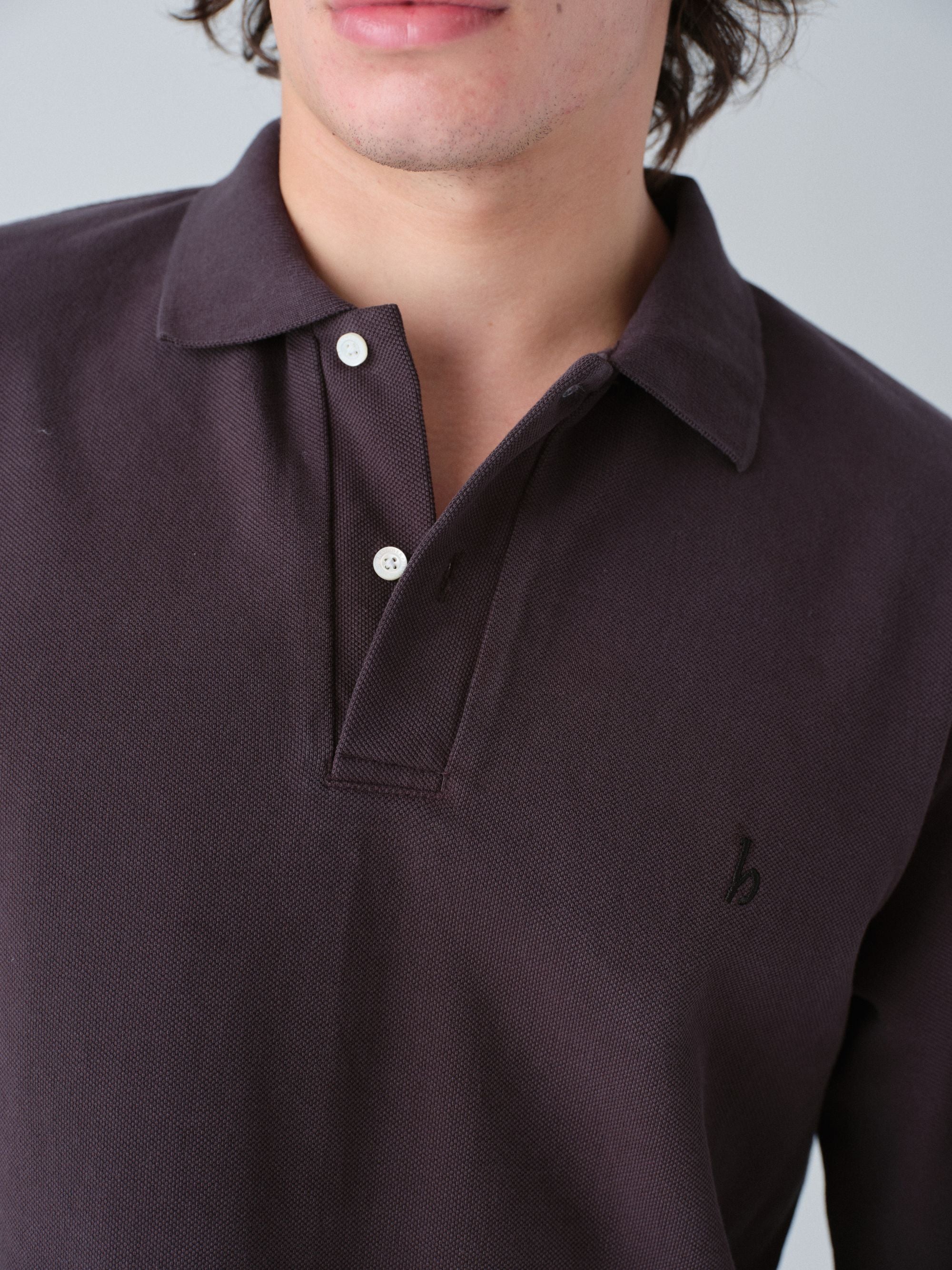 Hanover Polo Long Sleeve Shirt on model detail close up in cacao