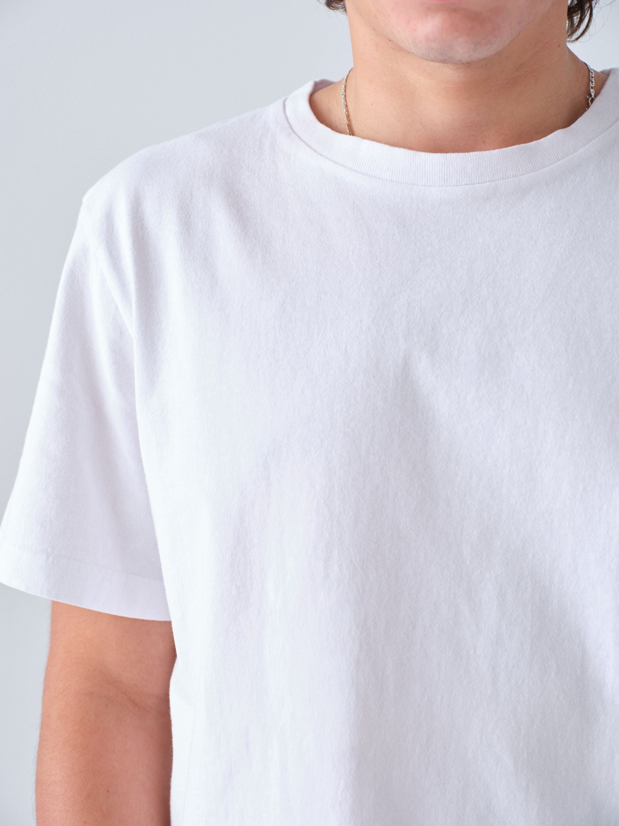 Model guy wearing Staple T-Shirt in white collar detail close up view