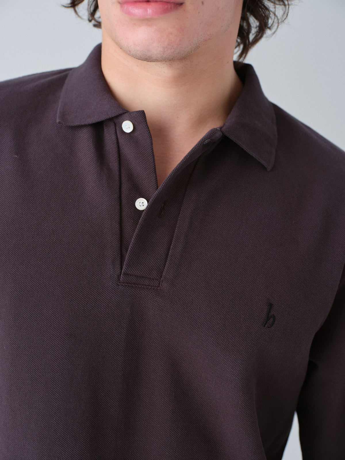 Hanover Polo Long Sleeve Shirt on model detail close up in cacao