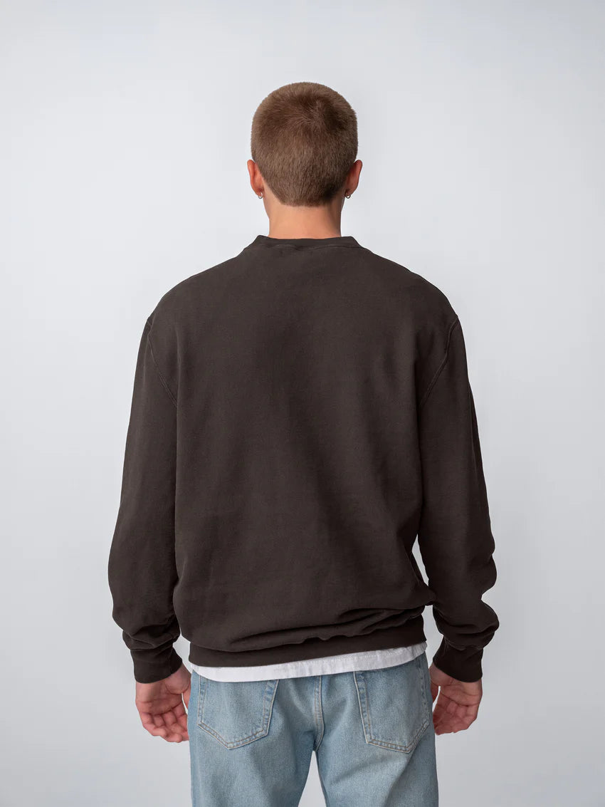Guy wearing Sunwashed Staple Crewneck in cacao back view