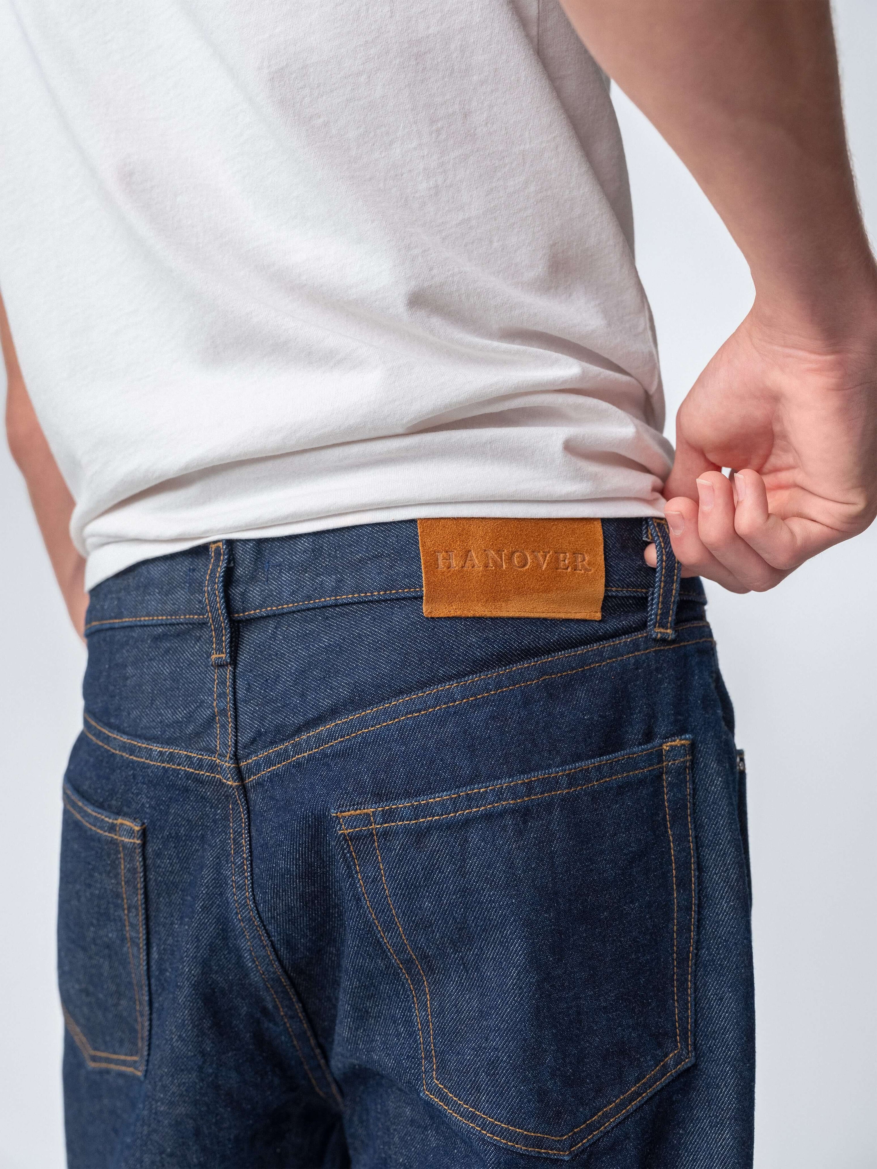 Drift Jeans showcasing Hanover Raw Denim with a classic straight fit and unique washed blue color.