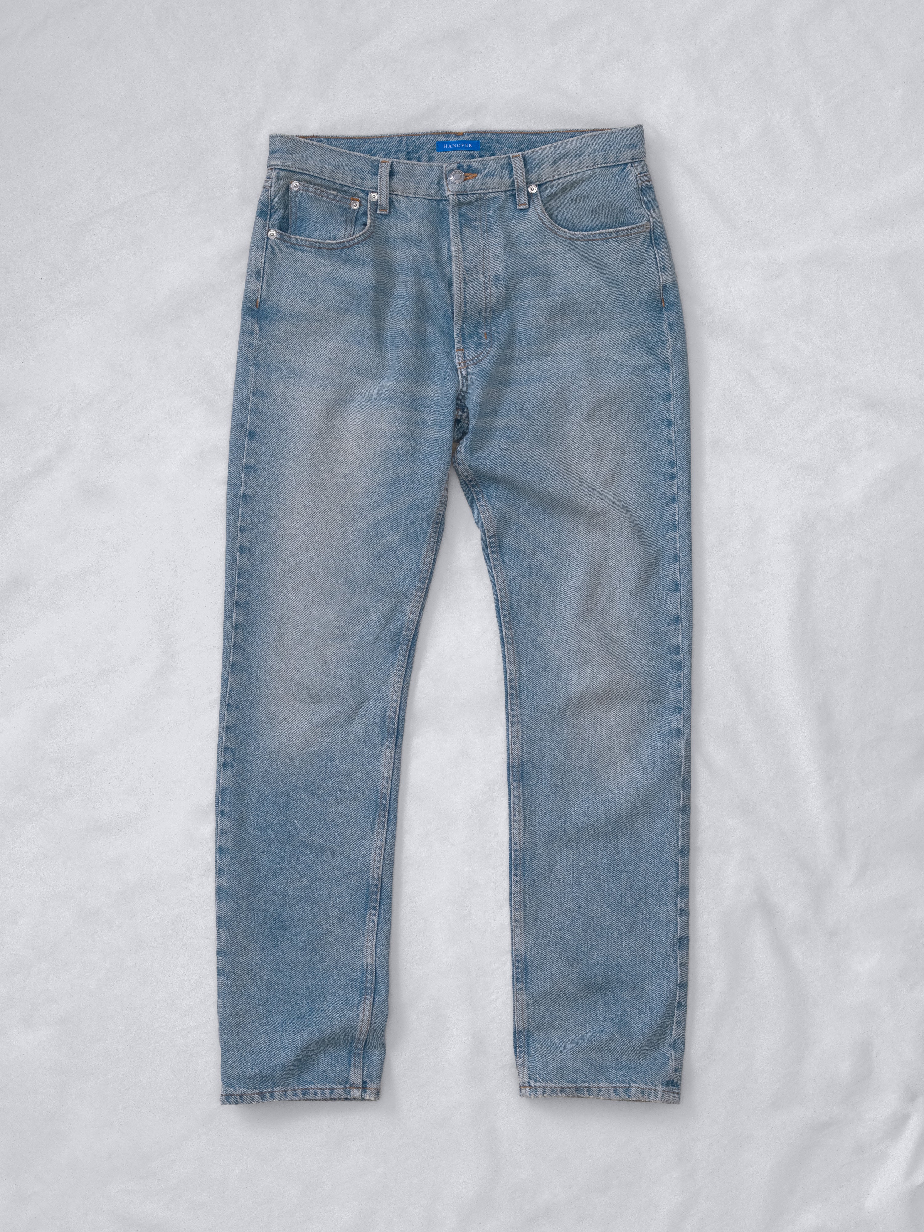 Drift Jeans in Washed Blue, classic straight-fit cut, crafted from midweight Hanover Raw Denim, made in USA.